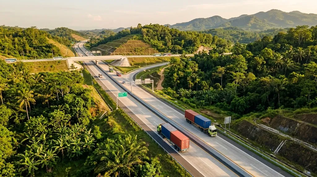 Ilustrasi truk kontainer melaju di jalan tol yang membelah perbukitan hijau