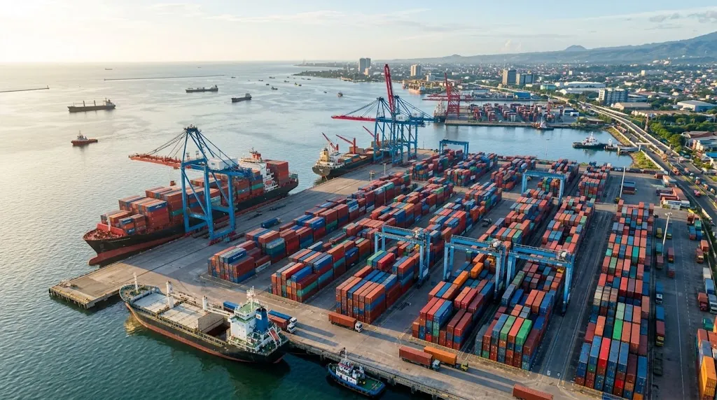 Ilustrasi terminal peti kemas dengan kapal kontainer, crane, dan akses jalan menuju kawasan kota
