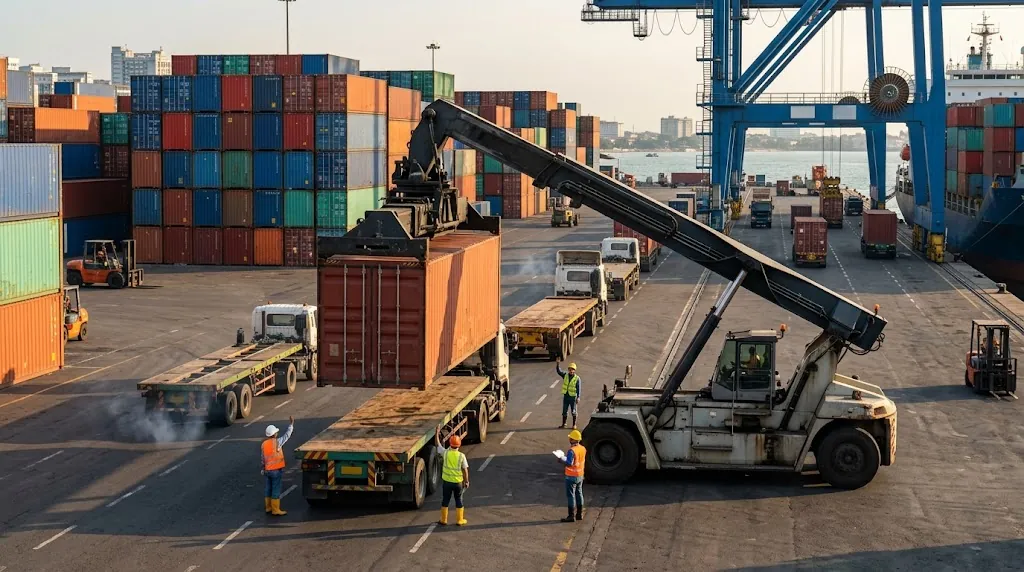 Ilustrasi reach stacker memindahkan kontainer ke truk trailer di dermaga pelabuhan tepi laut