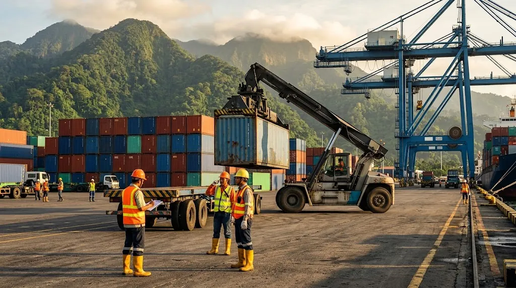 Ilustrasi reach stacker mengangkat kontainer di dermaga pelabuhan berlatar pegunungan hijau