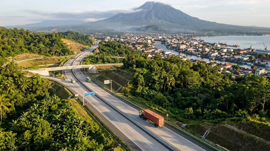 Ilustrasi truk kontainer melaju di jalan tol berbukit dengan gunung dan kota pesisir di latar belakang