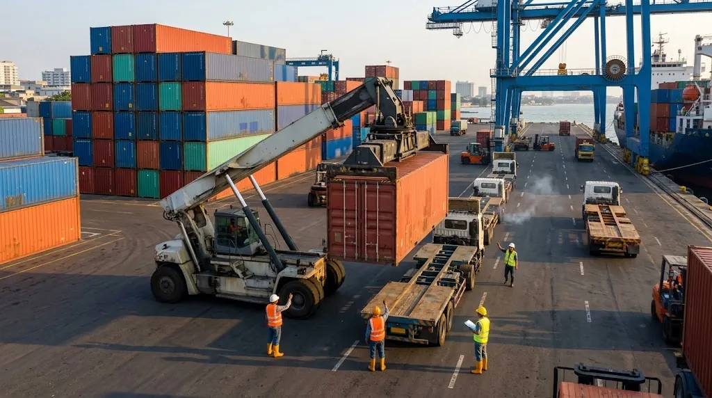 Ilustrasi reach stacker mengangkat kontainer di samping truk trailer di dermaga pelabuhan pesisir