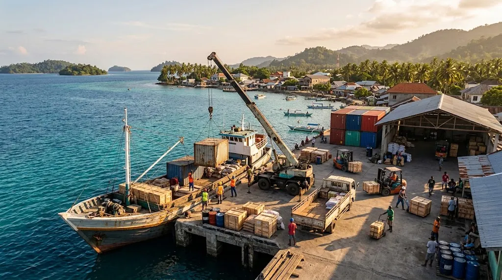 Ilustrasi crane truk memuat kontainer dan peti barang di dermaga kecil berlatar laut toska dan pulau-pulau
