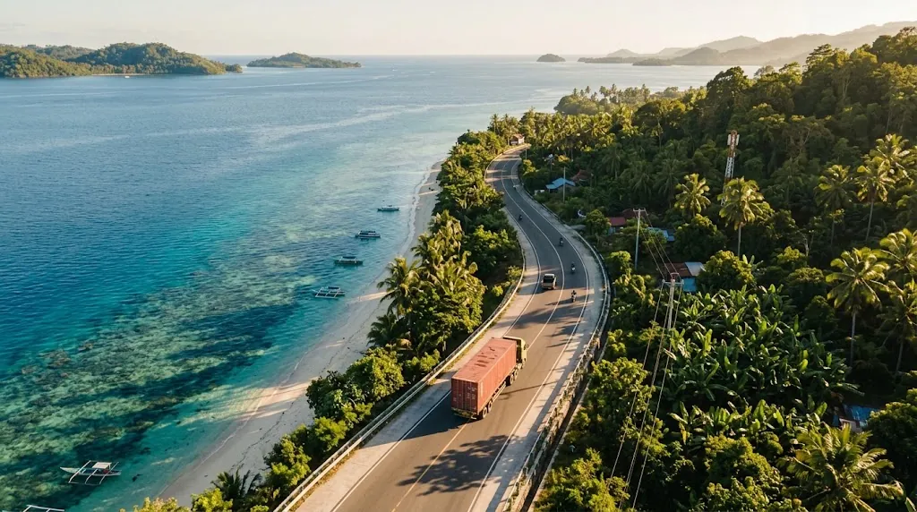 Ilustrasi truk kontainer melaju di jalan pesisir di antara pohon kelapa dan pantai pasir putih berlaut toska